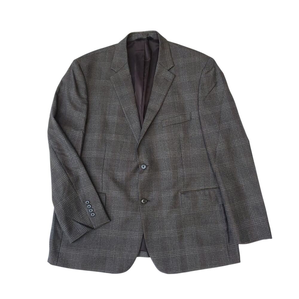 Jos A Bank Glen Check Brown Wool Blazer Jacket Windowpane Traveler Tailored 46R